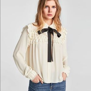 Zara Ruffled Blouse with Contrasting Bow NWOT
